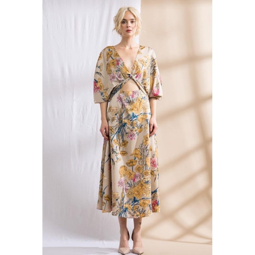 Lena Floral Cutout Midi Maxi Dress Tan Yellow Boho Knot Front Size Medium